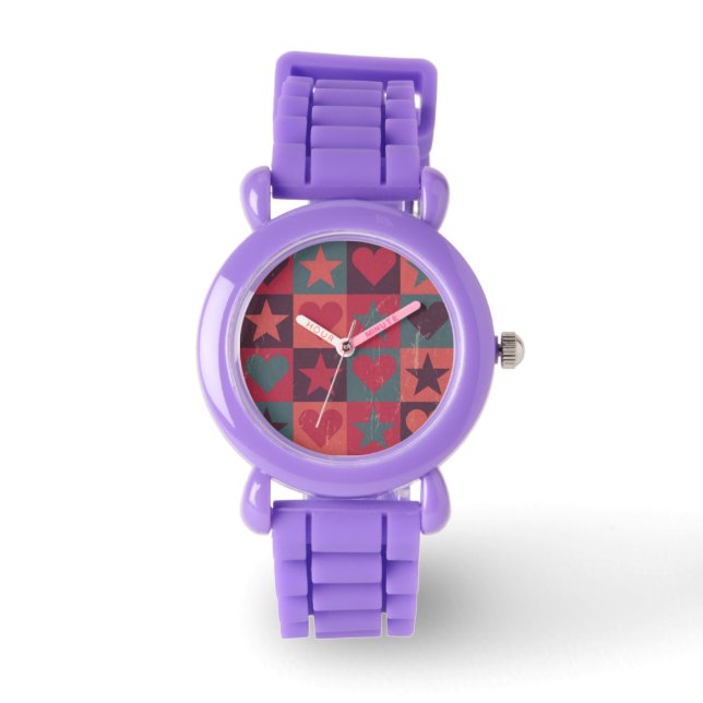 Montre Coeurs Et Étoiles Motif Rose (Recto)