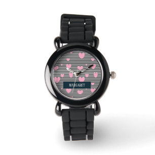 Montre Coeurs et rayures roses personnalisés
