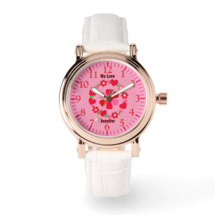 Montre Coeurs floraux rose et rouge féminin, personnalisa