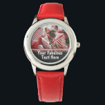 Montre Coeurs photo et texte personnalisés<br><div class="desc">Coeurs photo et texte personnalisés Coeurs mignons et amusants Enfants Regarder avec des coeurs rouges et roses bulles</div>