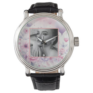 Montre Coeurs rose violet rose floral photo aquarelle