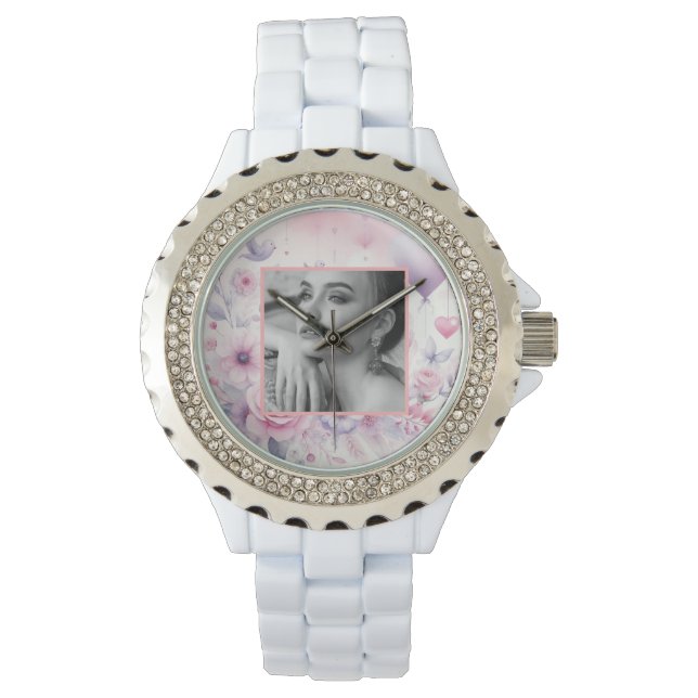 Montre Coeurs rose violet rose floral photo aquarelle (devant)