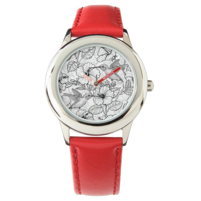 Montre Colibris et fleurs d'hibiscus b&w (devant)
