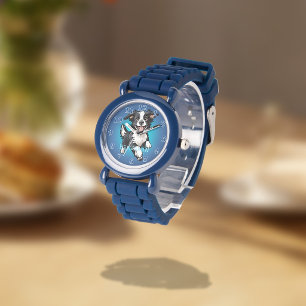 Montre Colley Noir Joyeux et Enjoué sur Fond Bleu