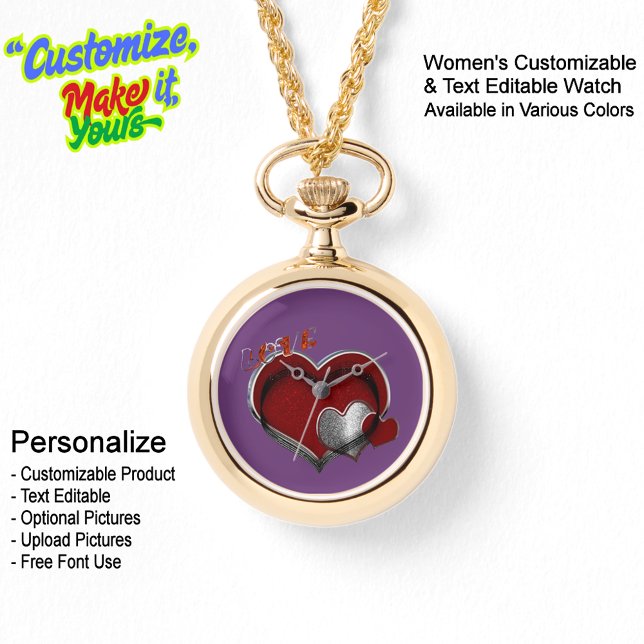 Montre collier en or avec coeur magique, face viol (Women's Heart Magic Gold Necklace Watch Featuring a Purple Face.)