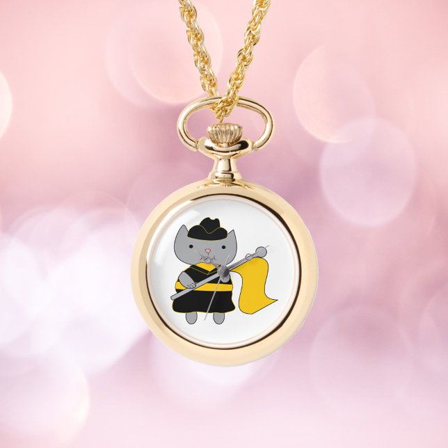 Montre Color Guard Gray Cat Black and Yellow (A watch necklace featuring a cat in a black and yellow color guard uniform.)
