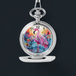 Montre Coloré Flamant rose rose Tropical Élégantes femmes<br><div class="desc">Colorful Tropical Pink Flamant rose Elegant Womans Watches présente un paradis tropical coloré avec un flamant rose entouré de fleurs tropicales. Créé par Evco Studio www.zazzle.com/store/evcostudio</div>