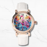 Montre Coloré Flamant rose rose Tropical Élégantes femmes<br><div class="desc">Colorful Tropical Pink Flamant rose Elegant Womans Watches présente un paradis tropical coloré avec un flamant rose entouré de fleurs tropicales. Créé par Evco Studio www.zazzle.com/store/evcostudio</div>