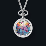 Montre Coloré Flamant rose rose Tropical Élégantes femmes<br><div class="desc">Colorful Tropical Pink Flamant rose Elegant Womans Watches présente un paradis tropical coloré avec un flamant rose entouré de fleurs tropicales. Créé par Evco Studio www.zazzle.com/store/evcostudio</div>