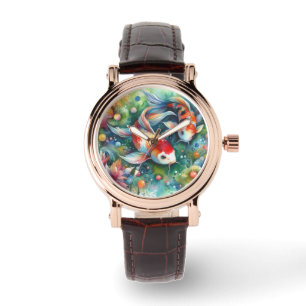 Montre Coloré Koi Poisson Whimsical Aquarelle Orange Turq