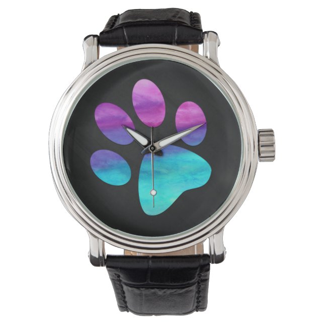 Montre  Colorful cyan blue purple Dog Paw print (devant)