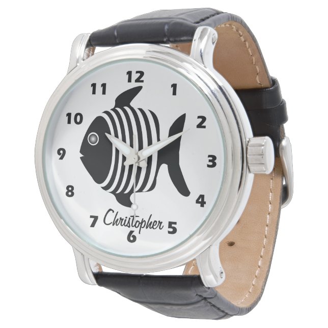 Montre Conception d'ange de poisson noir et blanc personn (Incliné)