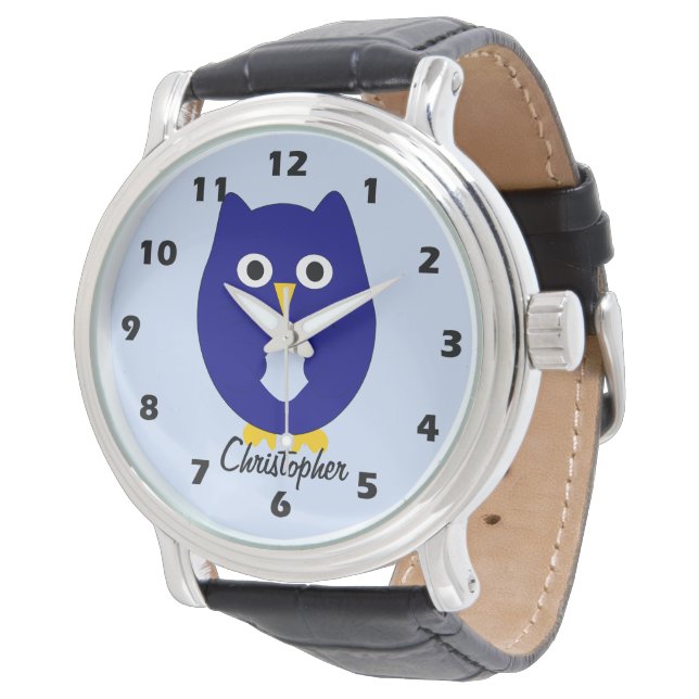 Montre Conception de hibou bleu avec fond de couleur pers (Incliné)