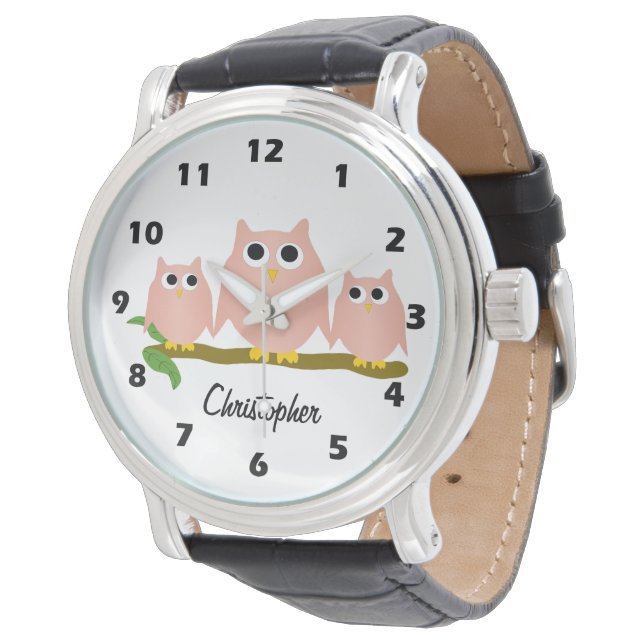 Montre Conception de hibou rose personnalisée (Incliné)