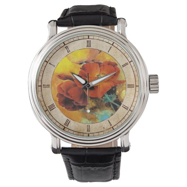 Montre Cool chinoise rouge pavot aquarelle (devant)
