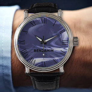 Montre Cool en marbre bleu foncé Motif marbré Nom personn
