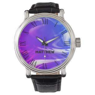 Montre Cool en marbre bleu Ombre Motif marbré Nom personn