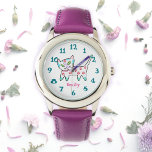 Montre Cool Kitty Nom rose Enfants<br><div class="desc">Le kitty cool est maintenant sur les montres de poignet pour les enfants. Ce chat est blanc avec des fleurs turquoises, bleues et roses et design de clignotement. Le visage blanc de la montre a des chiffres turquoises audacieux qui rendent cette montre pour enfants facile à lire. Un bonus supplémentaire...</div>