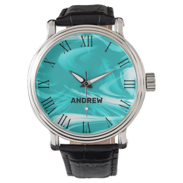 Montre Cool marbré de vague Turquoise clair Nom personnal (devant)
