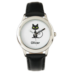Montre Cool mignon assis Chat noir avec yeux verts Regard