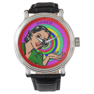 Montre Cool Retro Pop Art Girl dans les cercles de couleu