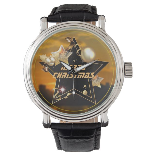 Montre Cool Sunrise Gold Black Metallic Stars Joyeux Noël (devant)
