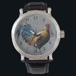 Montre Coq Bantam coloré<br><div class="desc">Un tableau coloré d'un coq de bantam sur un arrière - plan de granit gris. Ce coq a des motifs de plumes exotiques et colorés. Un peigne rouge vif et une belle queue en plumes bleues.</div>