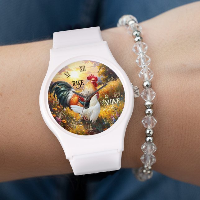Montre Coq coloré debout et brillant (Rise and shine watch featuring a colorful painting of two roosters at sunrise)