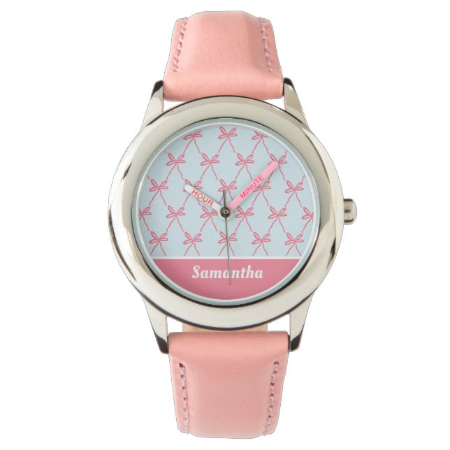 Montre Coquette Bow rose Motif sur Blue Custom Name (devant)