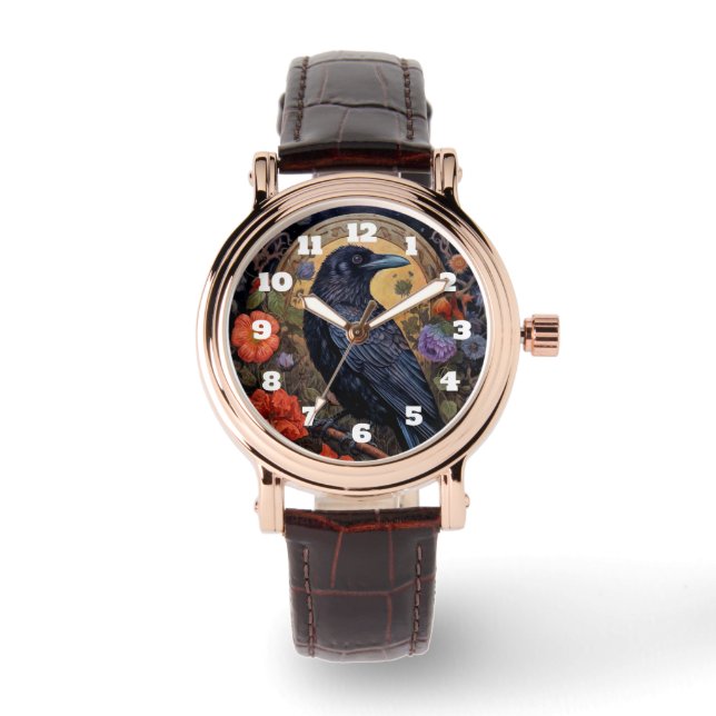 Montre Corbeau noir avec fleurs Design gothique (Recto)
