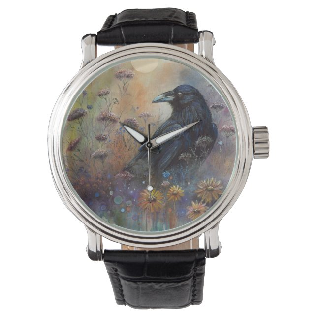 Montre Corbeau peint à la main avec Fleurs sauvages (devant)