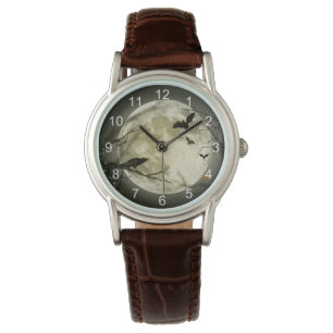 Montre Corneille éffrayante et chauves-souris sur la lune