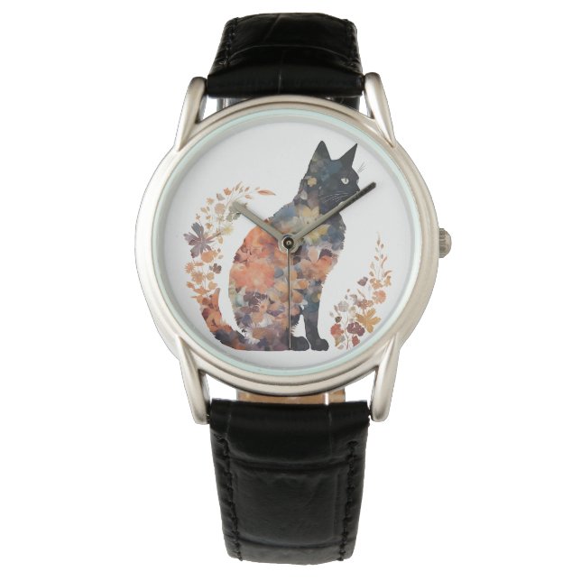 Montre Costume d'Amoureux des chats noir Floral Flower Ha (devant)