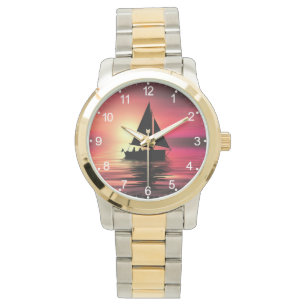 Montre Coucher de soleil, Bateau à voile dans la mer-3918