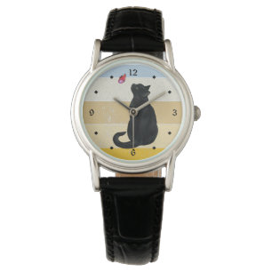 Montre Coucher de soleil rétro de papillon de chat noir