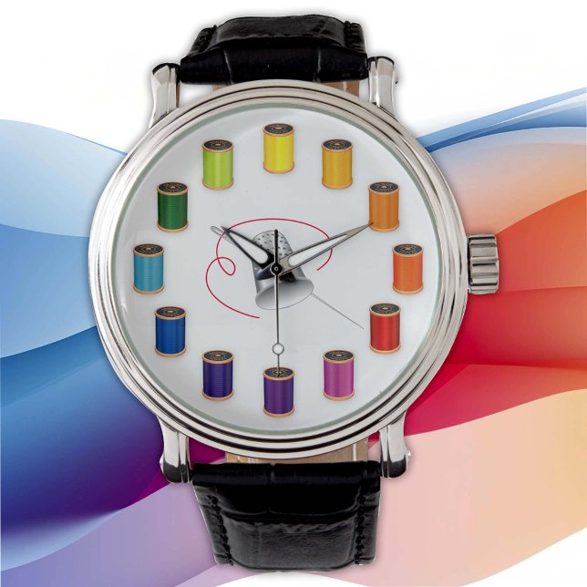 Montre Coudre, tondre, aiguilles et filetage (Time Flies When I Sew!  Silver thimble, needle and vivid color wheel of threads. )