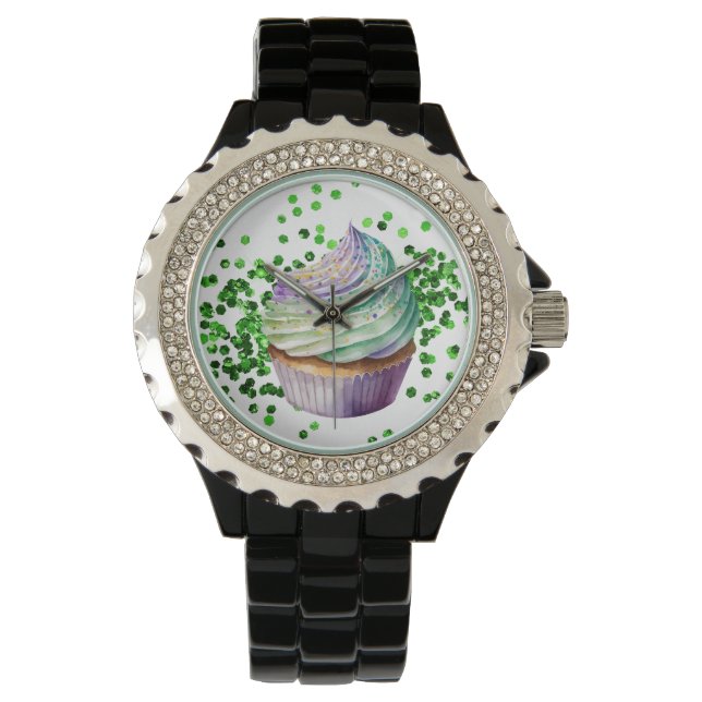 MONTRE COULEUR D'EAU VERTE PURPLE MARDI GRAS CUPCAKE (devant)