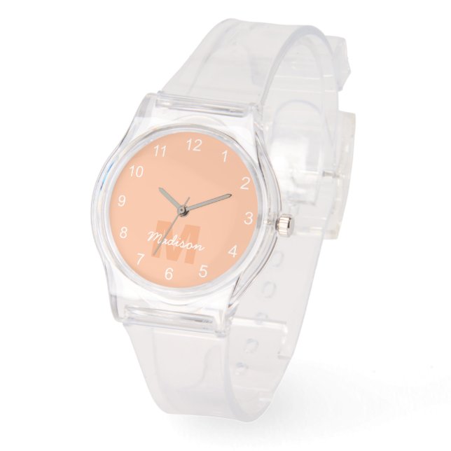 Montre Couleur pêche pastel cool avec nom de monogramme p (Angle)