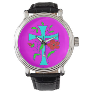 Montre Couleur rose rougissant avec des fleurs rouges cro