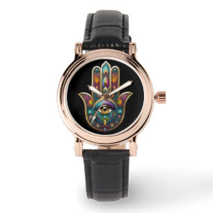 Montre Couleurs de paon Hamsa avec troisième œil en or