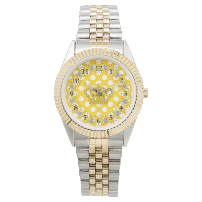 Montre Couronne Pois blanche et jaune (devant)