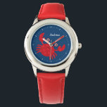 Montre Crabe rouge souriant Personnalisé pour enfant<br><div class="desc">Cette montre amusante présente une illustration vectorielle douce d'un crabe rouge souriant sur un arrière - plan bleu,  et peut être personnalisée avec le nom de votre enfant,  monogramme,  initial,  ou tout texte de votre choix pour un cadeau personnalisé parfait.</div>