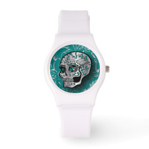 Montre Crâne à sucre Turquoise et argent Whimsical