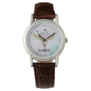Montre Crâne animal Boho avec papillons et fleurs
