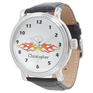 Montre Crâne d'art fantastique et conception de flammes p
