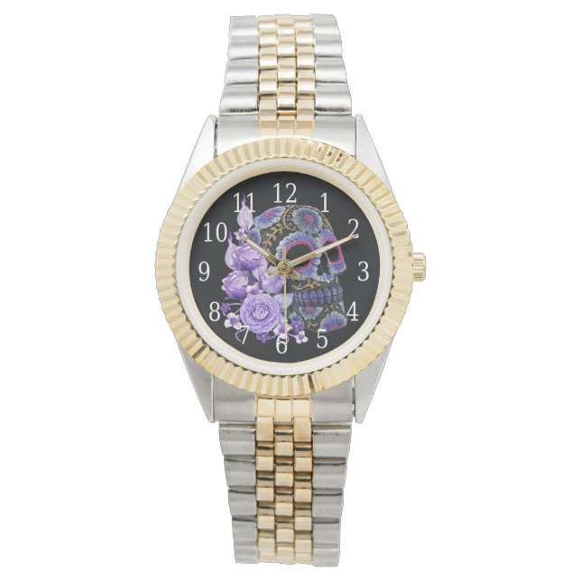 Montre Crâne de sucre noir violet Floral Jour des morts (devant)