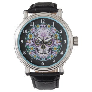 Montre Crâne de sucre pourpre aux fleurs