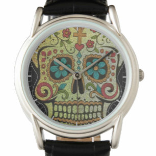 Montre Crâne en sucre, fleur-power hippy ou style gothiqu
