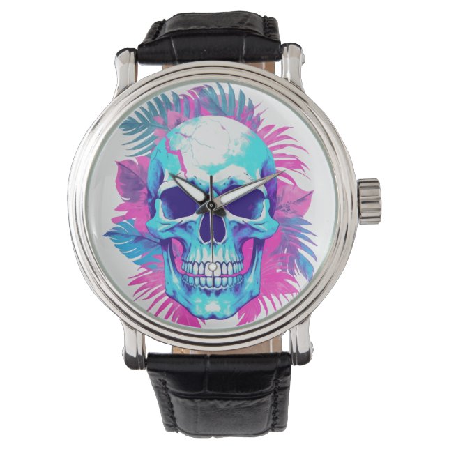 Montre Crâne floral en style Vaporwave (devant)