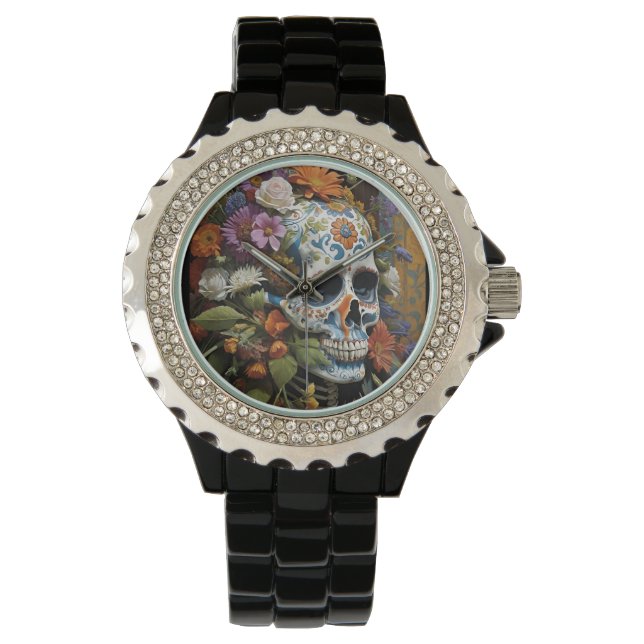 Montre Crâne gothique et fleurs (devant)